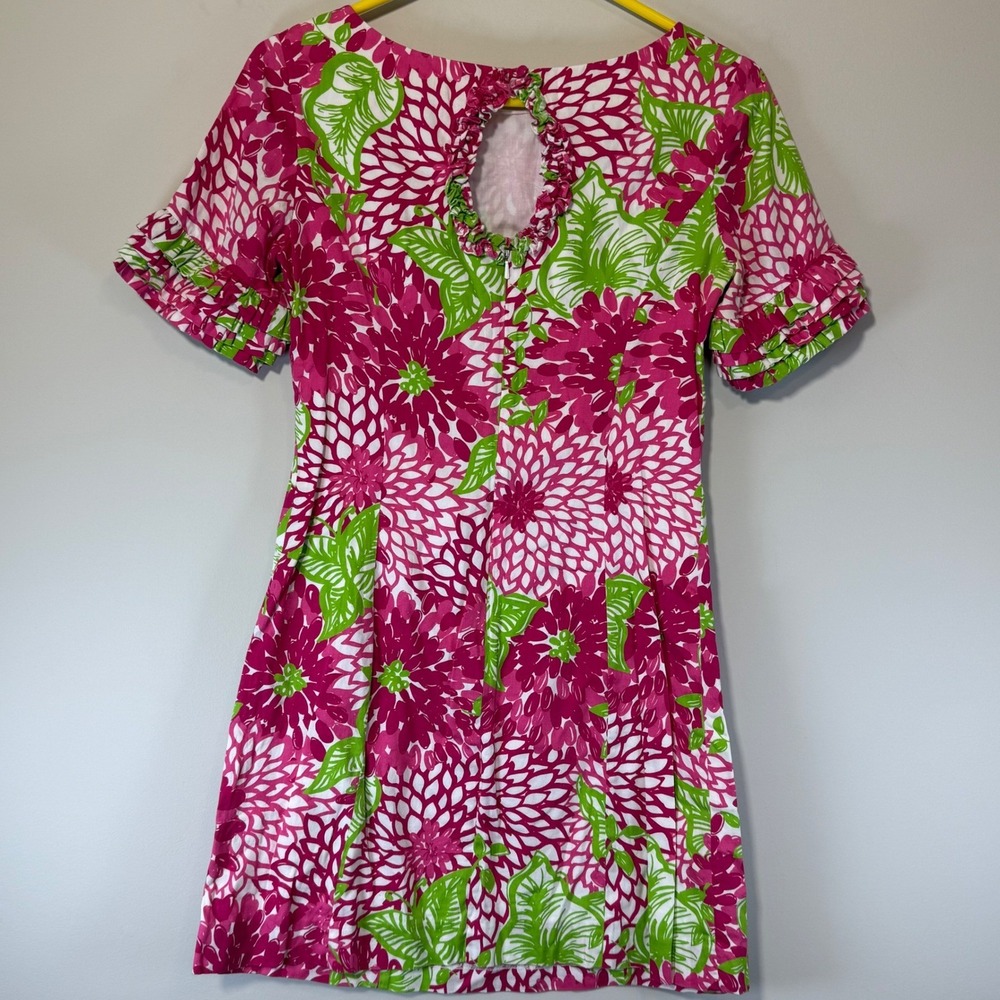 Lilly Pulitzer Jubilee Dress Women 2 Pink Green Floral Ruffle Keyhole Resortwear - Picture 2 of 7